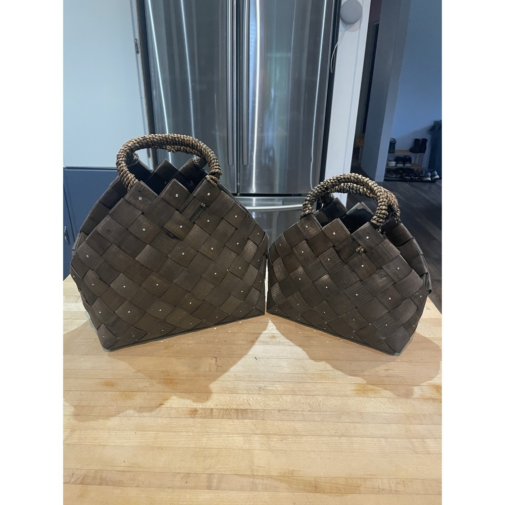 Dark Brown Woven Wooden Wicker Nesting Baskets Handbags Set Of 2 Bling Funky